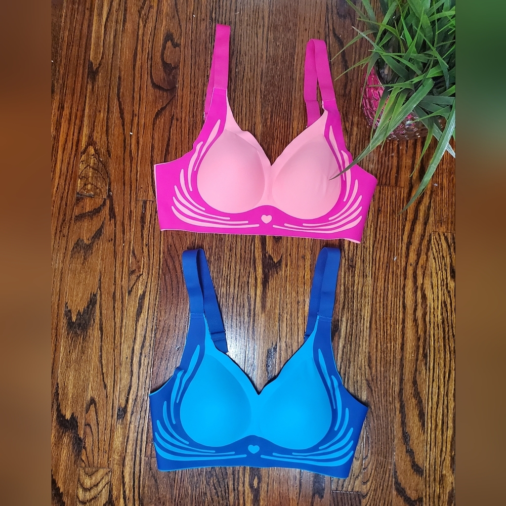Women's NWOT Sexy Confortable Push Up Gather Wireless Pink & Blue Bra Set Sz XL